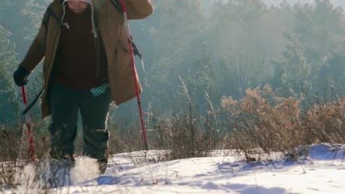 Hiker Walking in Snowy Winter Landscape