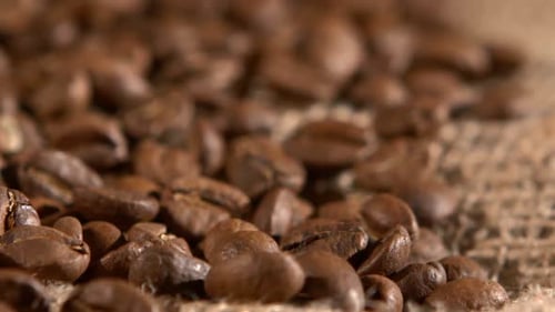 Coffee Beans on Burlap Sacking Background and Dynamic Change of Focus, Rotation, Close Up