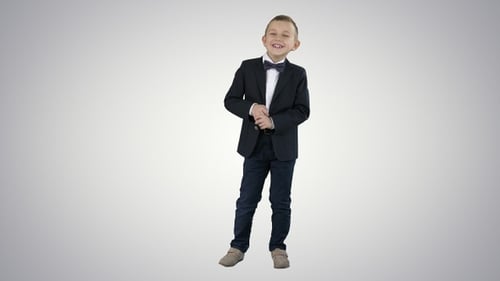 Boy in Suit Gestures on White Background