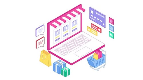 Isometric E-commerce Concept Animation with Laptop and Shopping Cart
