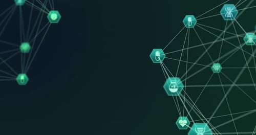 Animation of two globes of network connections with green and blue health icons