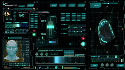 Futuristic Medical HUD Interface with Human Scan and Data Display