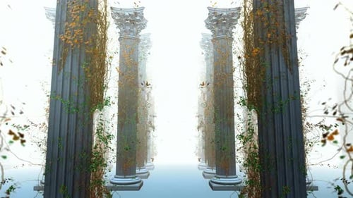 Animated Path Through Ancient Columns with Growing Vines