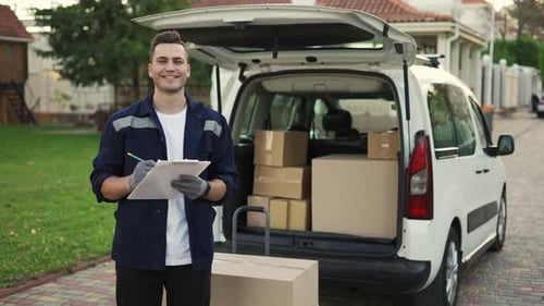 Happy Smiling Delivery Service Worker Makes Notes on Documents and Standing on the Street Near the