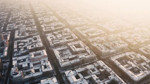 Aerial View of Old City Center During Sunny Winter Day