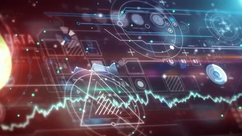 Animated Futuristic HUD Display with Corporate Data and Bitcoin Analytics
