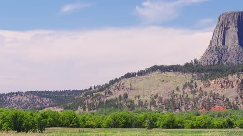 Blick auf den Devils Tower in Wyoming, während das Gras weht