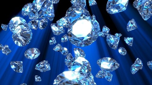 Sparkling Diamonds Falling on a Blue Light Ray Background