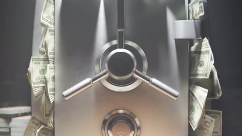 Financial Security Vault Door with Money Stacks Accumulating