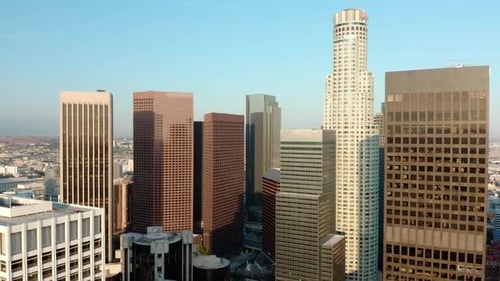 Cinematic urban aerial time lapse of downtown Los Angeles skyline.