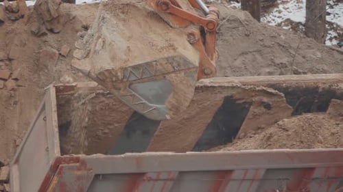 Excavator Loads Soil Into Red Truck in Rural Area