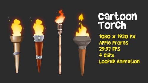 Four Animated Cartoon Torches with Flickering Flames