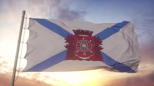 Realistic Waving Flag with Coat of Arms at Sunset