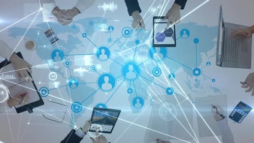 Digital composite of business people working on electronic devices