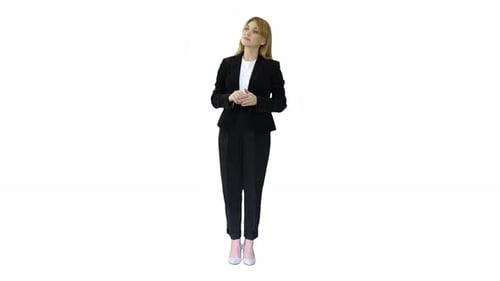 Professional Woman Explaining Business Concepts on White Background