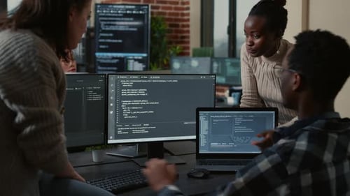 Software Developers Discussing About Programming While the Rest of the Team Joins the Discussion