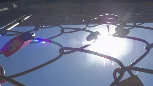 Padlocks on Wire Fence under Sunlight