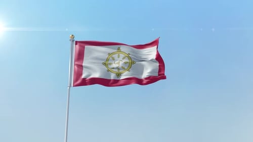 Realistic Waving Flag with Spiritual Golden Wheel Symbol