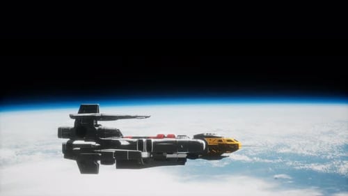 Futuristic Spaceship Orbiting Earth