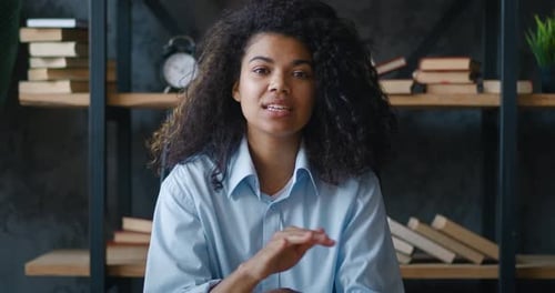 POV Webcam View Smiling African American Business Woman Talking to Camera Having Online Video Call