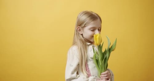 Little Girl Smelling a Yellow Tulip