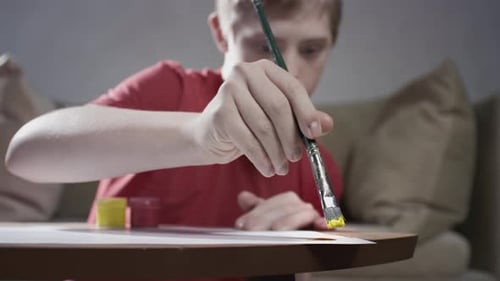 Boy Paints with Watercolor Paints Indoors