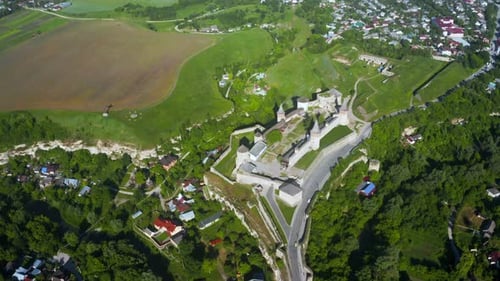 Aerial View of the Ruins of a Large Medieval Castle in Europe