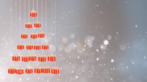 Christmas Tree Formed by Hanging Gifts with Snowfall Background Loop