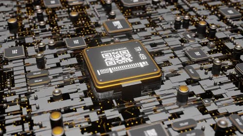 Futuristic CPU Chip on Circuit Board with Digital Data Flow