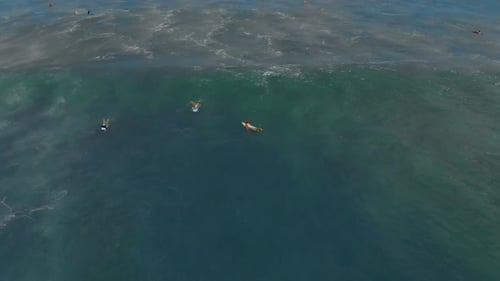 Aerial View of Surfers Waiting for Waves