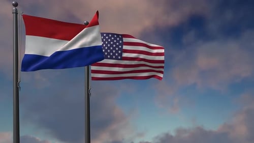 Realistic Paraguay and USA Flags Waving in Sky