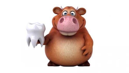 Funny 3D Cartoon Cow Character Holding Tooth and Pointing