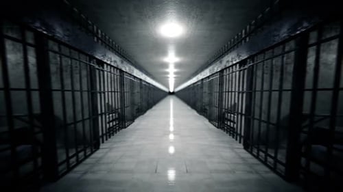 The look-around of jail's corridor with infinite prison cells. Loopable. HD