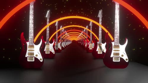 Animated Electric Guitars Tunnel with Glowing Neon Arches
