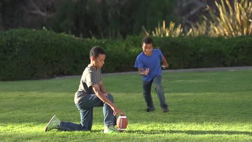 Two Boys Playing Football on a Grassy Lawn