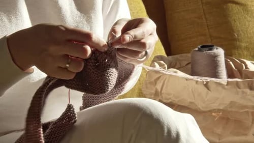 Womans Hands Knitting Needles on the Couch