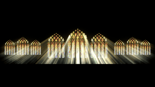 Ornate Stained Glass Church Windows with Shimmering Light Rays