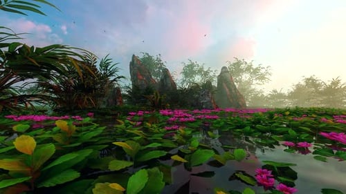 Vibrant Lotus Pond Landscape with Pink Flowers and Lush Greenery