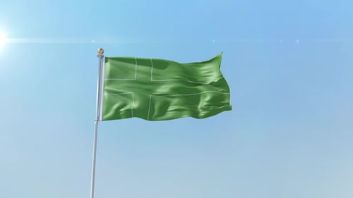 Green Flag with Football Field Lines Waving in Blue Sky