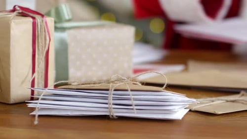 Christmas Gifts and Letters on Wooden Table