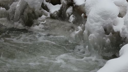 River flowing in winter with rocks and snow