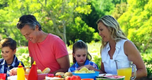 Happy family interacting with each other while having meal in park 4k