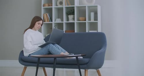 Low Angle View of a Woman Sitting on a Sofa Looking at Her Laptop. Freelance Career. Cheerful Lady