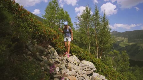 Woman Backpacker Hiking In Mountain