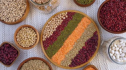 Legumes: Mung Beans, White And Red Kidney Beans, Chickpea, Soybeans, Orange And Green Lentils.