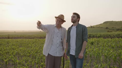Farmers Stand and Chat on the Green Field