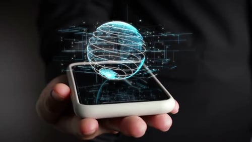 Person Holding Phone with Digital Globe Projection