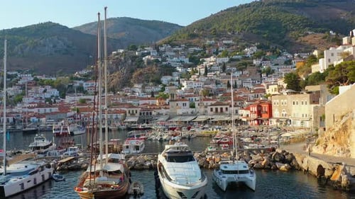 Aerial View of Hydra Old Town and Marina or Seaport Greece Drone Videography
