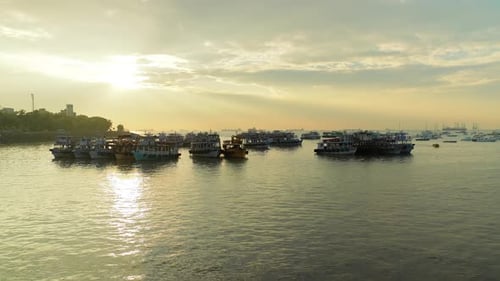 Boats in Mumbai Water at Dawn, Colaba Region of Mumbai, Maharashtra, India