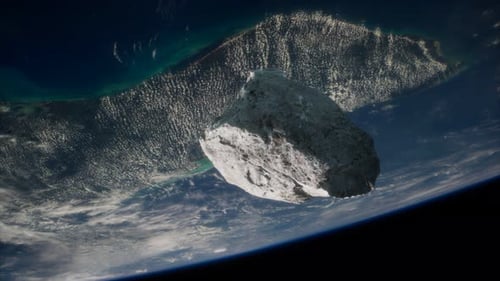 Tumbling Asteroid in Space with Earth Background